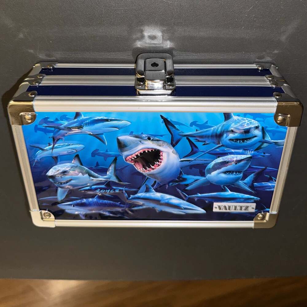 Vaultz Shark Lock Box w/ Keys Blue Metal Storage Case Kids Security Box